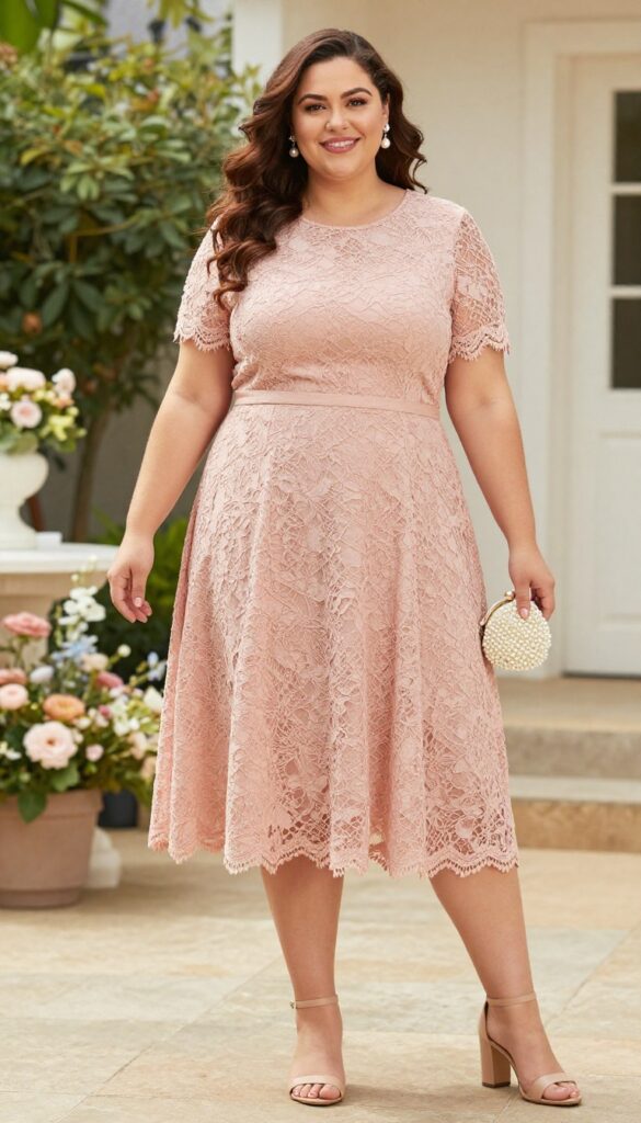 Plus-size woman in blush lace A-line dress with pearl accessories and nude sandals in garden