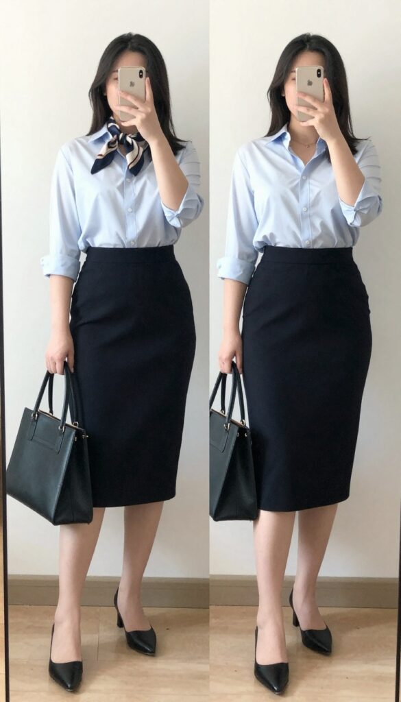 Woman in midi skirt and button-down shirt, standing in office setting, wearing mules and carrying structured tote.