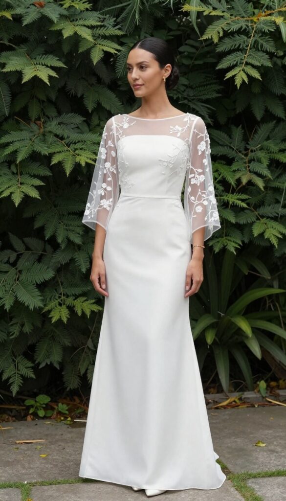 Bride in white gown with sheer embroidered sleeves and minimalist gold jewelry, standing in garden at dusk.