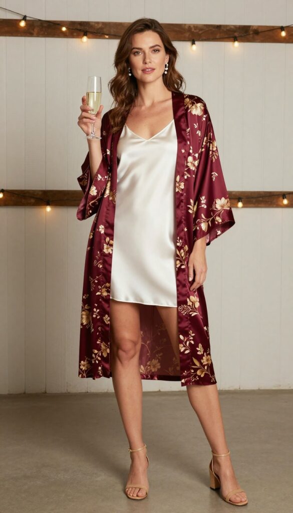 Woman in white slip dress and burgundy floral silk robe in rustic barn with string lights, holding champagne, pearl studs and block heels.