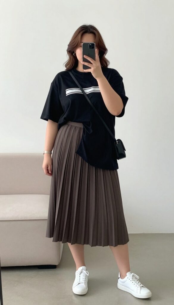 Plus-size woman in black graphic tee and taupe pleated midi skirt with white sneakers, taking a mirror selfie in a bright living room.