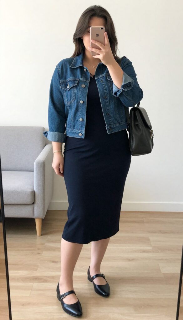 Woman in A-line midi dress and cropped denim jacket with D'Orsay flats, holding a structured tote, standing in a modern office setting.