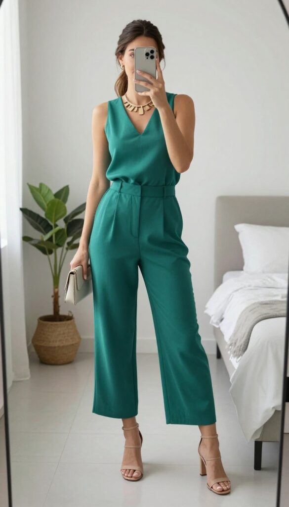 A woman in a green jumpsuit with statement necklace and heeled sandals, taking a mirror selfie in a bright room.