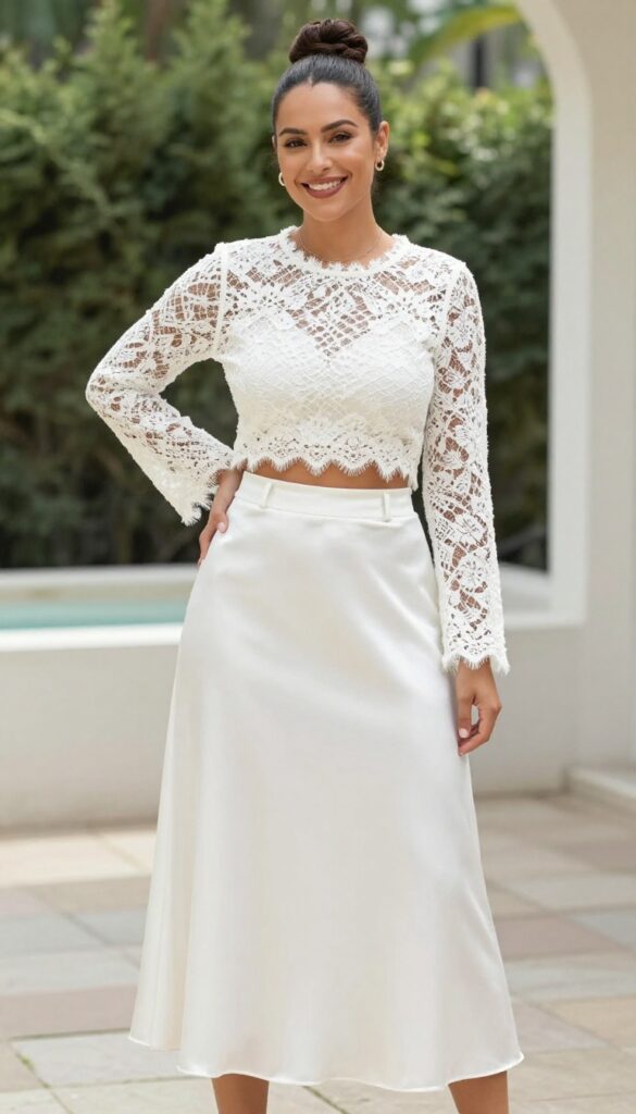 Curvy bride in white lace crop top and high-waist satin skirt, standing in sunlit garden