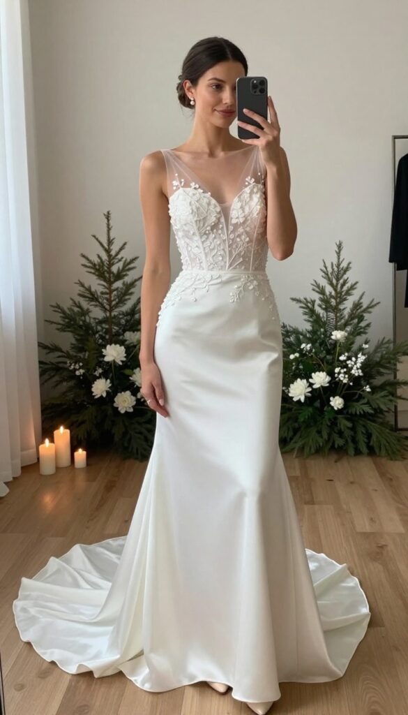Woman in satin wedding dress with sheer illusion back panel, standing in ballroom