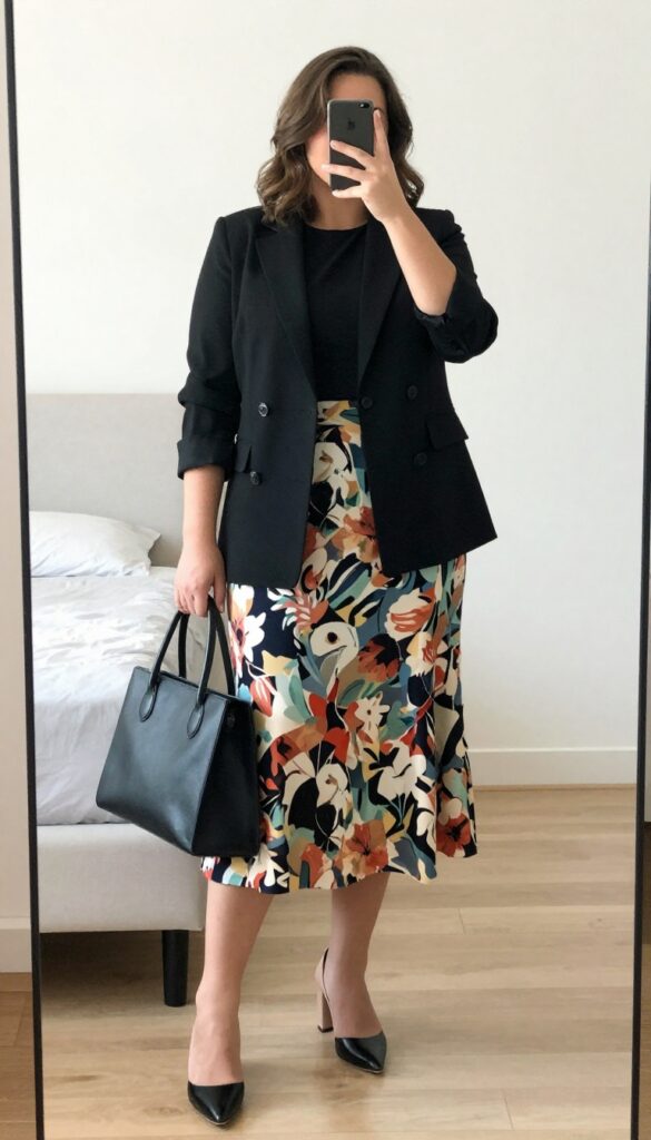 A woman in a black blazer and floral midi skirt, posing in a mirror selfie, partially covering her face with a phone.