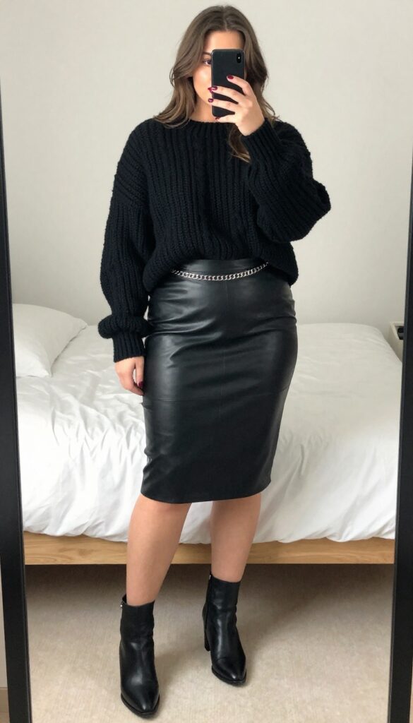 Goth business casual outfit: chunky black sweater, leather pencil skirt, ankle boots, silver chain belt, dark red lip.