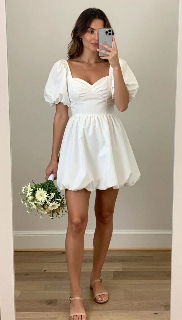 A woman in a white puffy mini wedding dress with puff sleeves and sweetheart neckline, wearing simple nude flat sandals, standing on a beach at sunset with a bouquet of wildflowers.