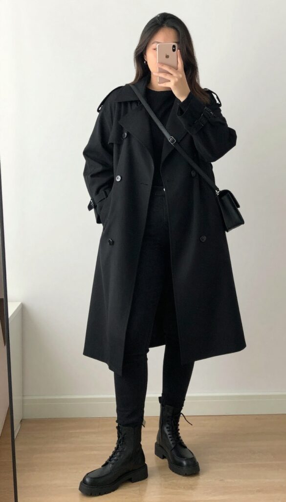 Woman in oversized black trench coat over all-black layers, including fitted sweater and skinny jeans, with combat boots and crossbody bag, exuding a sleek monochrome look.