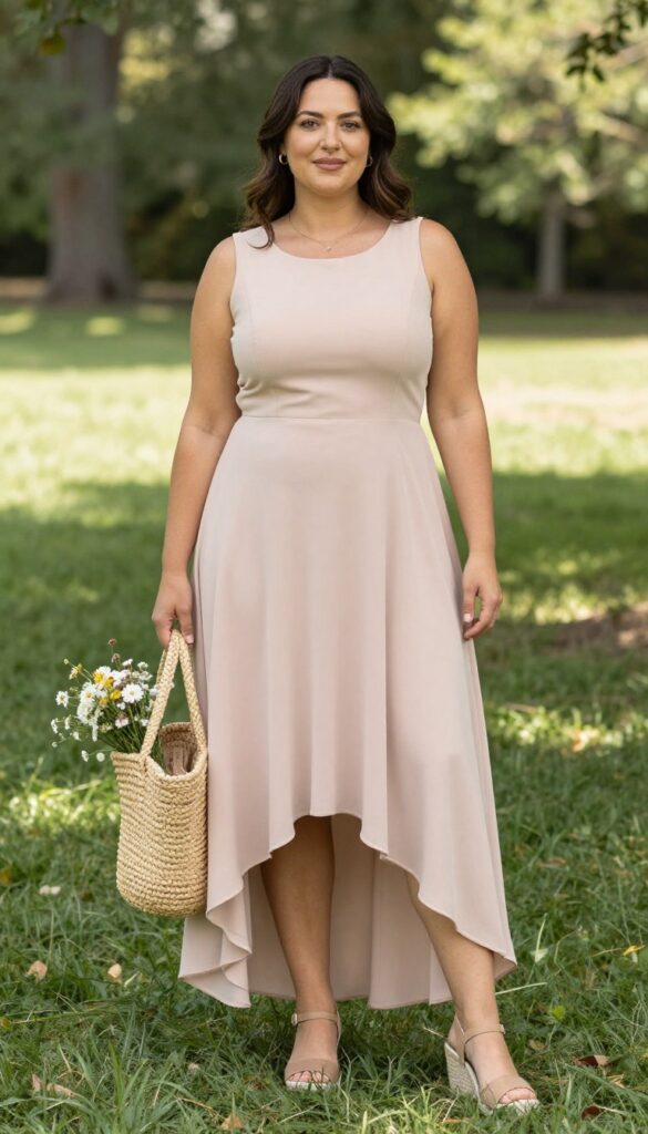 Woman in blush high-low hem dress with espadrille wedges and straw tote at garden wedding