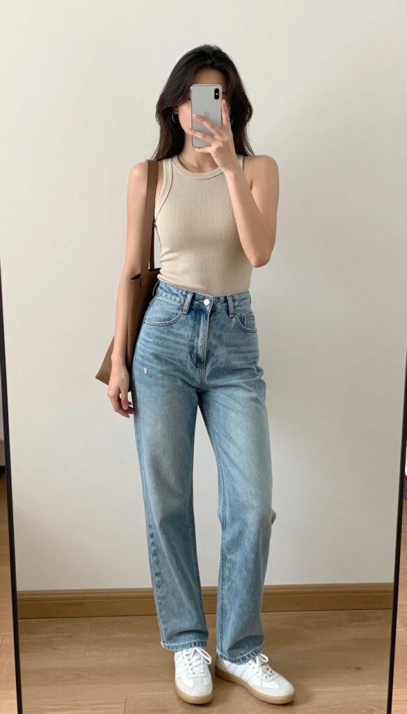 A woman takes a mirror selfie, covering her face with her phone, wearing a fitted beige tank top and light-wash mom jeans with white sneakers and a crossbody bag.