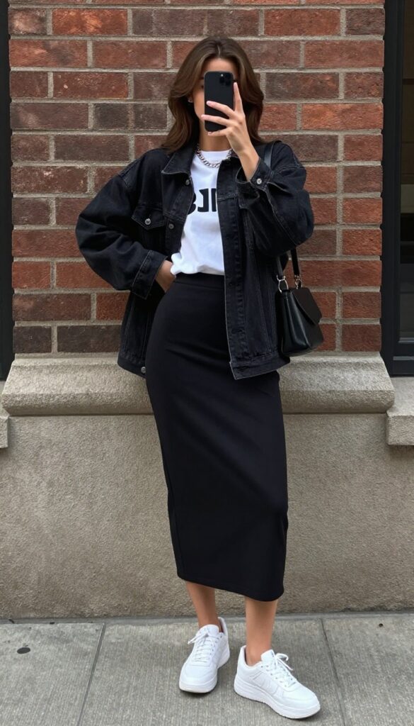 Woman in black pencil skirt and white graphic tee with chunky sneakers, taking a mirror selfie in an urban setting.