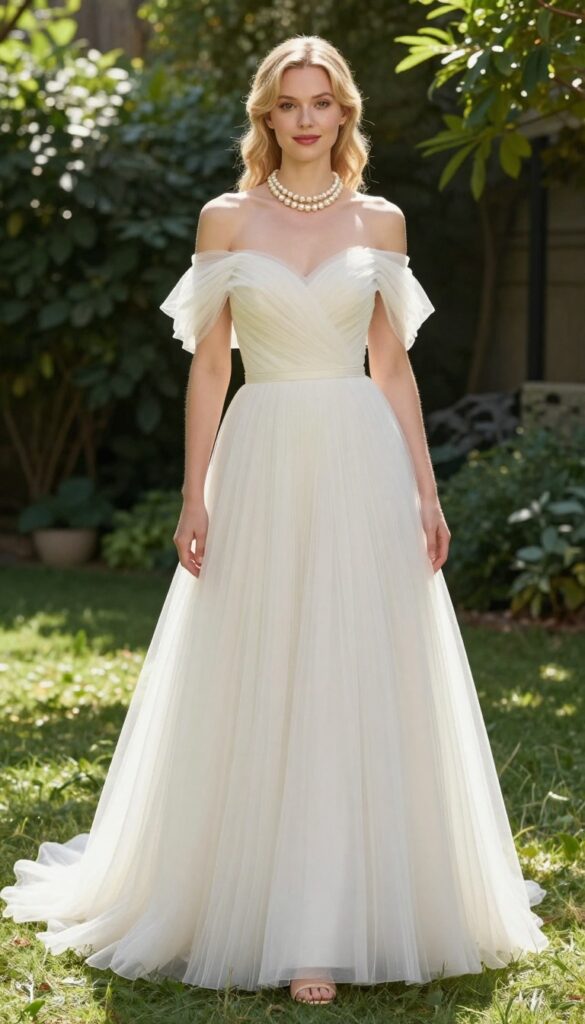 Young woman in off-the-shoulder tulle wedding dress with pearl choker and block-heel sandals in garden
