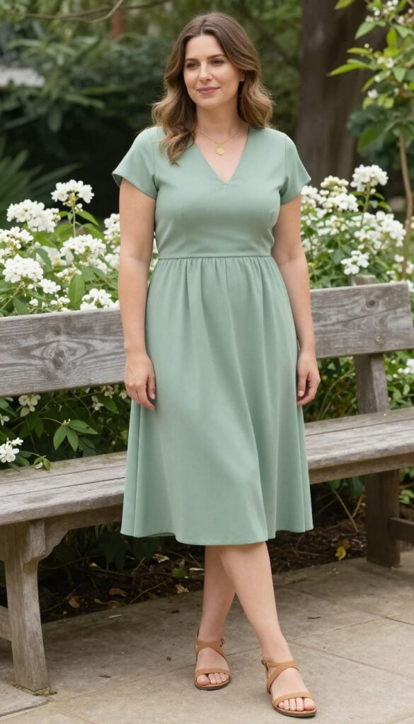Woman in sage green V-neck dress with long pendant necklace and strappy sandals in a sunny garden