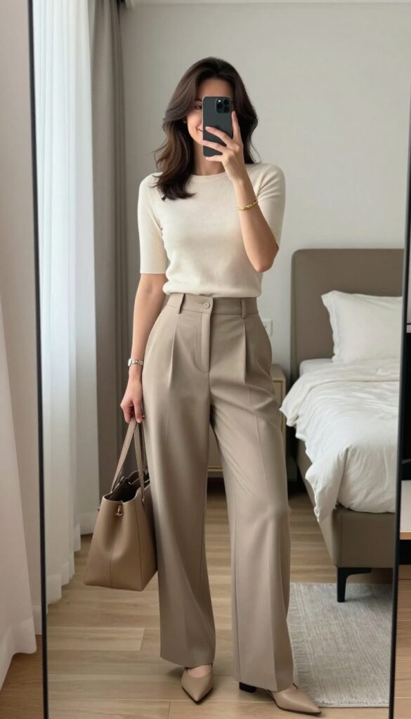 Woman in fitted cream knit top and high-waisted wide-leg taupe trousers taking a mirror selfie, holding phone to partially cover face, with a structured tan tote and nude mules.