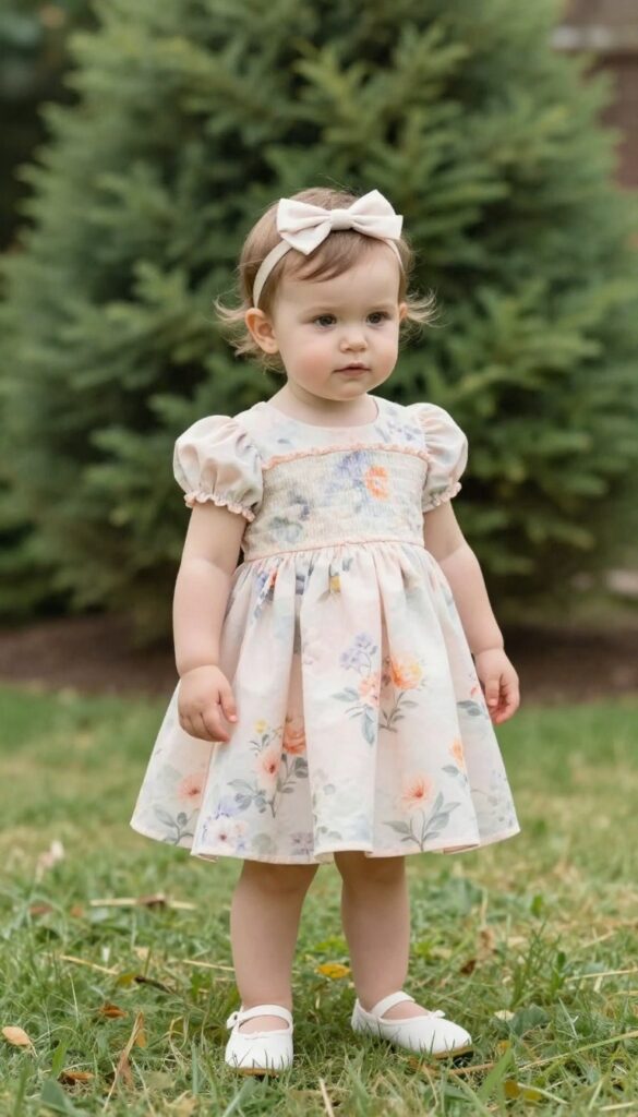 Baby girl in floral smocked dress and ballet flats for wedding guest