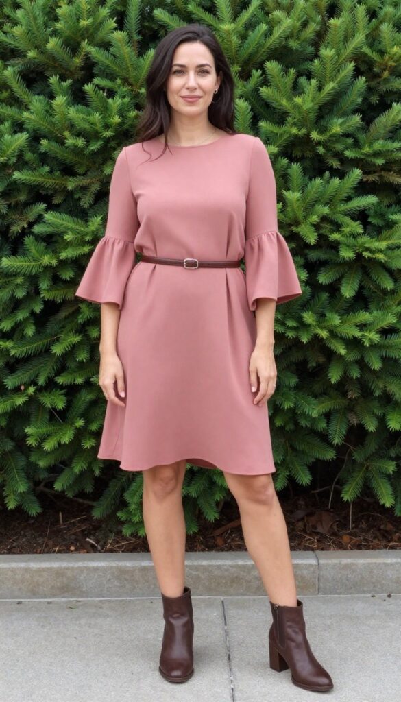 Woman in dusty rose bell sleeve maxi dress with leather belt and ankle boots in autumn outdoor setting.