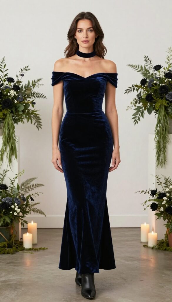 Adult woman in midnight blue velvet mermaid gown with off-shoulder neckline, black choker, and black heeled ankle boots, standing confidently in an elegant indoor wedding venue with candlelight and dark floral arrangements.