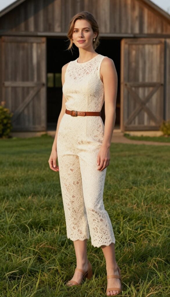 A young woman in an ivory lace jumpsuit with a leather belt, block-heel sandals, and gold earrings, standing in a grassy field with a barn in the background.