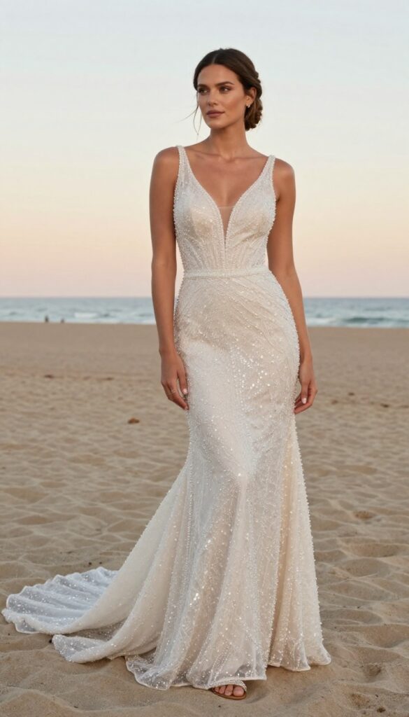 Woman in crystal-embellished high-low champagne wedding dress with flat sandals on beach at sunset, low side braid, natural dewy makeup.