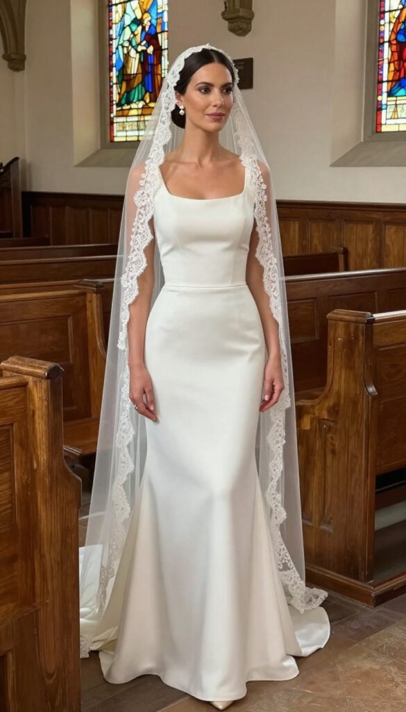 Bride in blush A-line gown with cathedral lace veil, pearl earrings, low bun, in church setting.