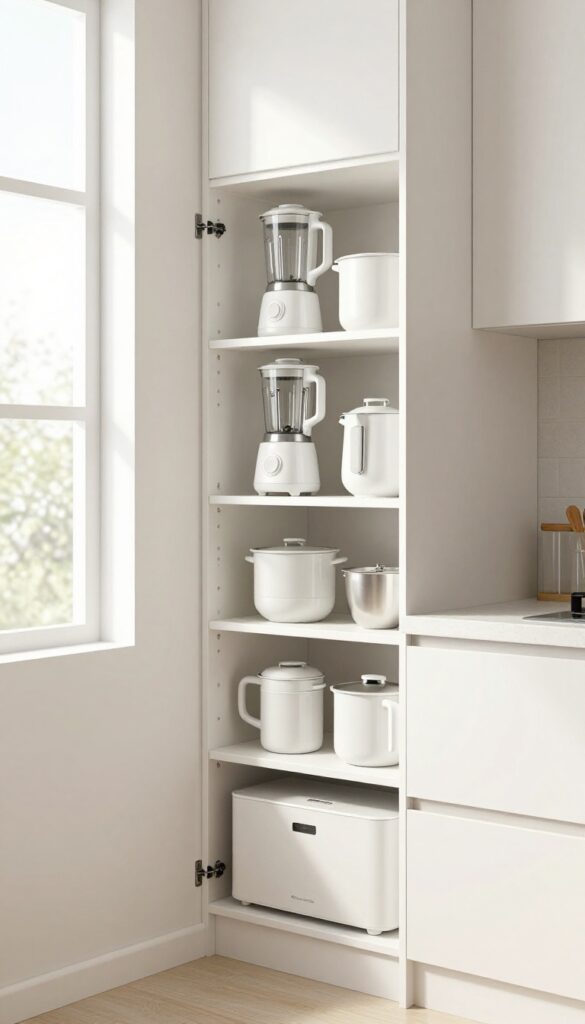 Pull-out pantry for small appliances in a bright modern kitchen