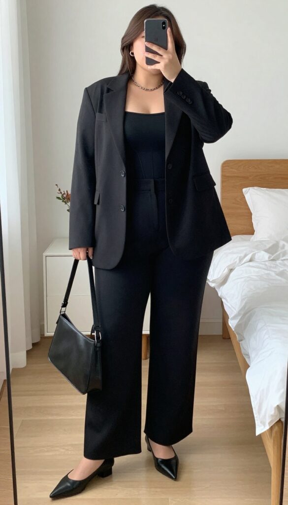 A woman in a black corset top, oversized blazer, and wide-leg trousers poses in a mirror selfie, partially covering her face with a phone.