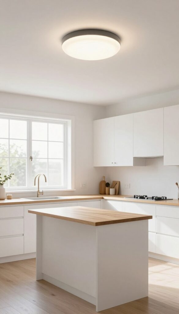 Kitchen with low ceiling and flush-mount light fixture over white island, bright natural light
