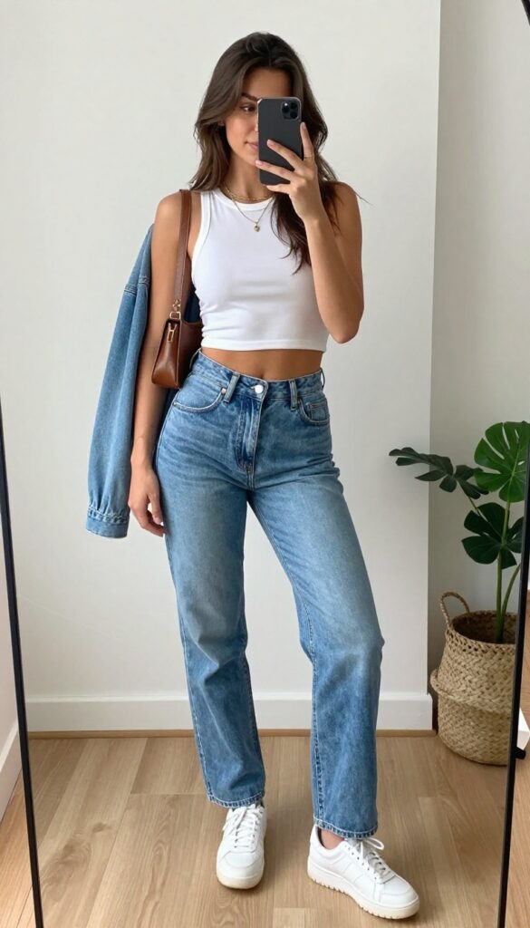 Woman in white crop top and light blue mom jeans taking a mirror selfie, with a denim jacket over her arm and a small brown bag.