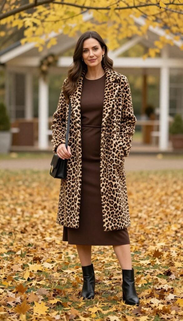 Woman in brown midi dress and leopard print coat at autumn wedding venue