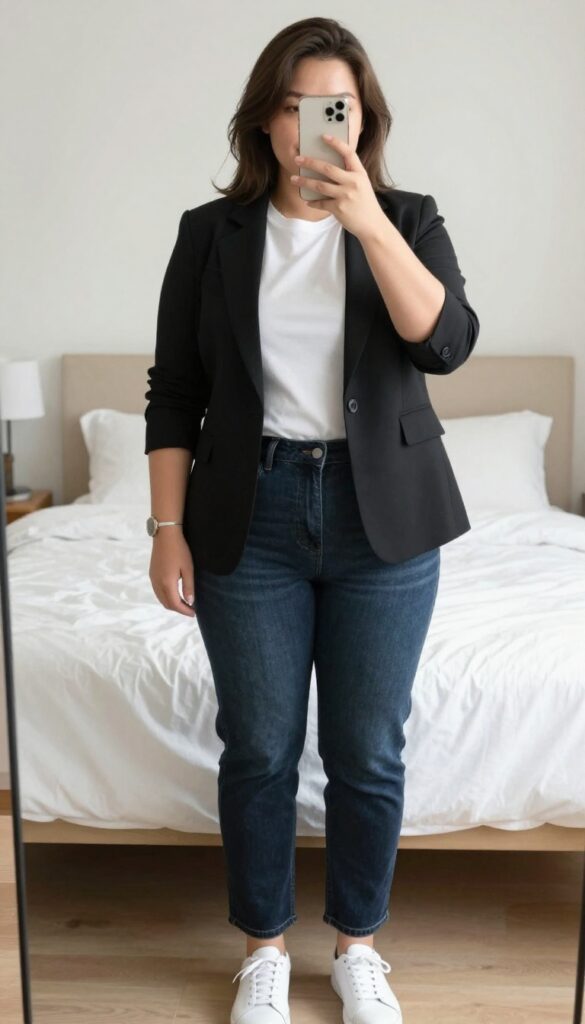 Woman in blazer, white tee, and straight-leg jeans with white sneakers.
