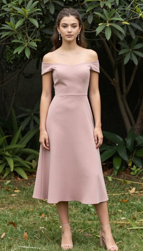 Teen girl in off-shoulder dusty rose dress with crystal drop earrings and nude block heels in garden wedding setting.