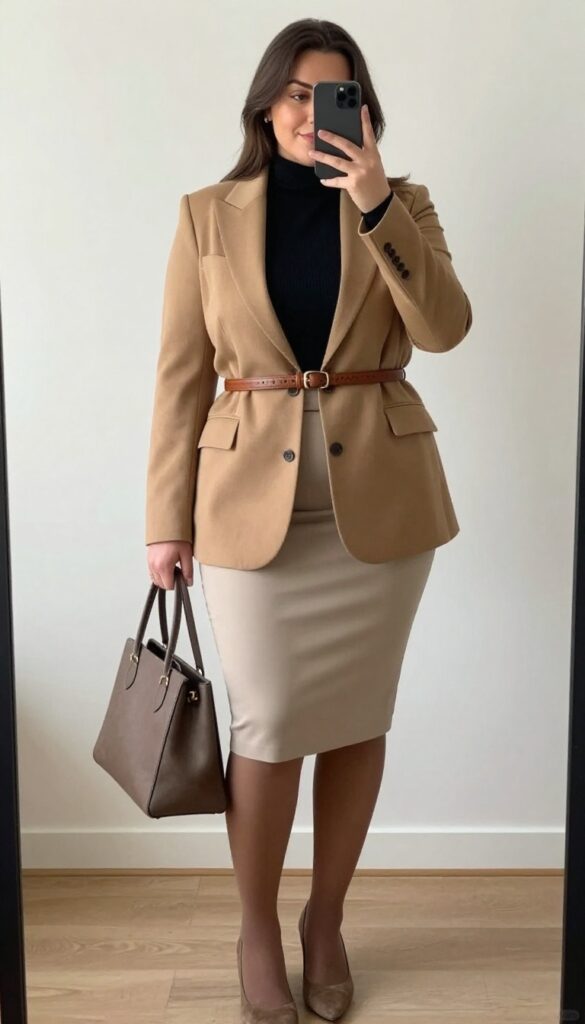Woman in belted blazer, turtleneck, and midi pencil skirt, posing in a mirror selfie, phone partially covering face, bedroom setting.