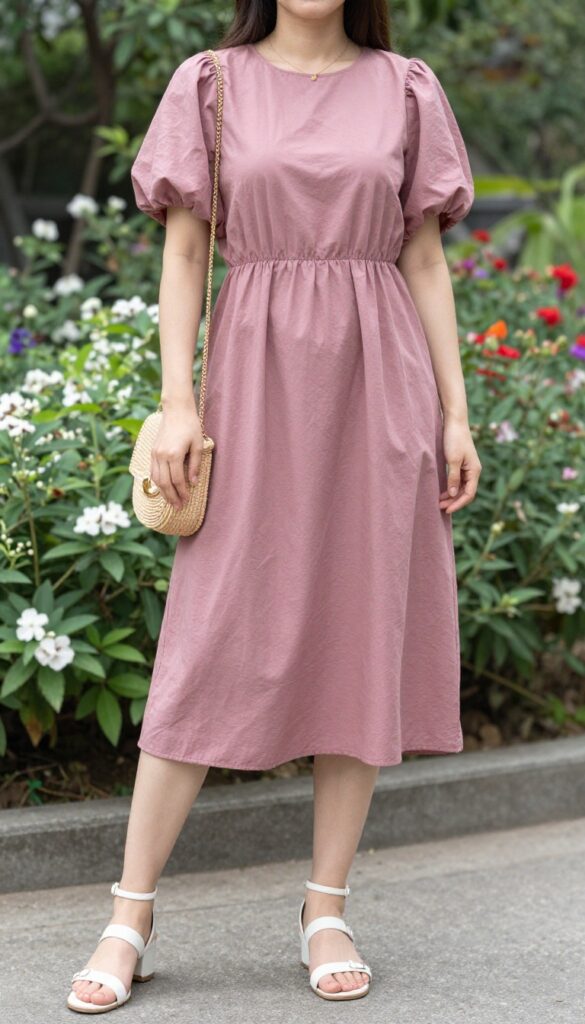 Adult woman in dusty rose midi dress with mint puff sleeves, white sandals, straw bag, standing in sunny garden.