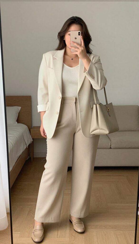 A woman in a cream blazer and beige wide-leg trousers, standing by a window in natural light, holding a structured tote.