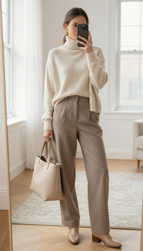 Woman in beige turtleneck, cream cardigan, and taupe trousers taking a mirror selfie in a bright living room.
