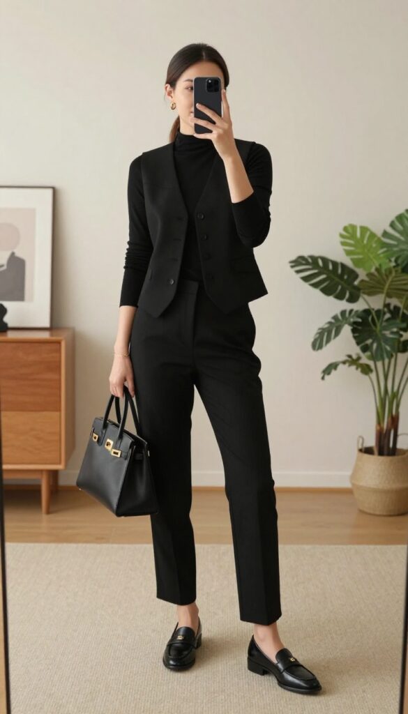 Mirror selfie of a woman in a black vest, long-sleeve top, and black trousers, holding a phone to her face. The outfit is a business casual all-black layered look with loafers and a structured handbag.