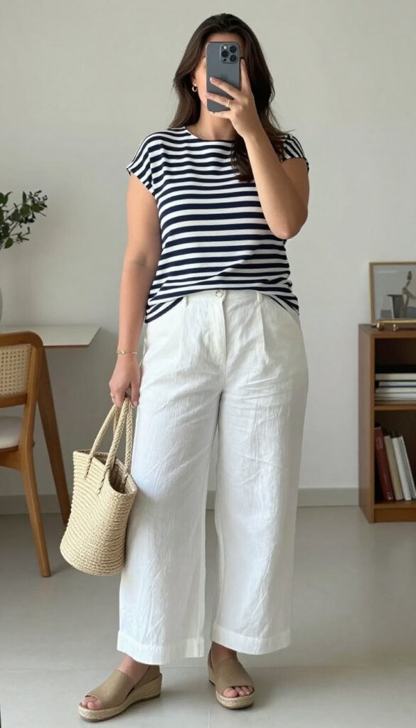 Woman in white linen pants and striped top with espadrilles, holding a straw tote, standing in a bright office or café setting.