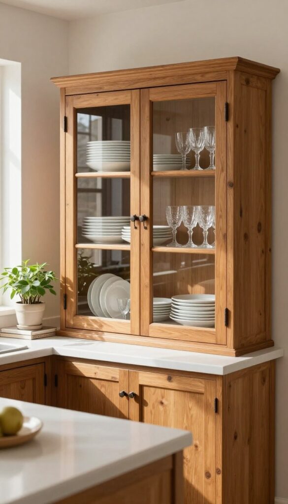 Vintage hutch with glass doors in a bright kitchen, displaying dishes and a plant