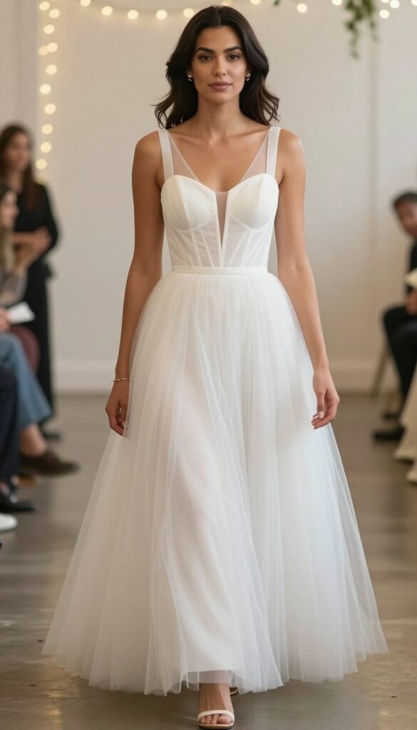 Woman in architectural ballgown with structured corset bodice and full tulle skirt, geometric cutout neckline, minimal jewelry, elegant heels, at evening wedding reception with fairy lights.