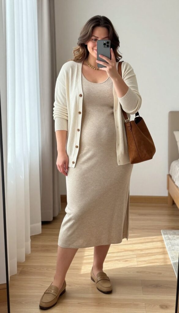 Plus-size woman in beige knit dress and cream cardigan taking a mirror selfie, wearing loafers and gold necklace, in bright natural light.