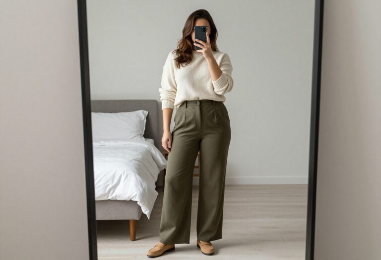 Woman in cream knit sweater and olive wide-leg trousers taking a mirror selfie in bedroom for business casual outfit idea
