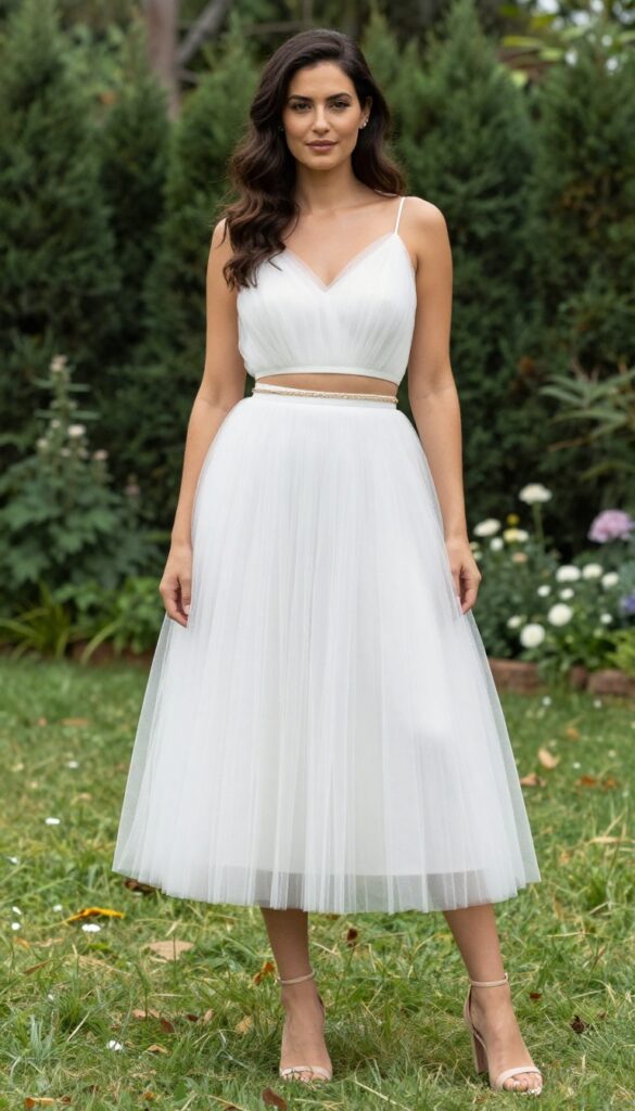 Young adult woman in white tulle crop top and full tulle skirt with gold belt and nude heels, standing in a sunlit garden.