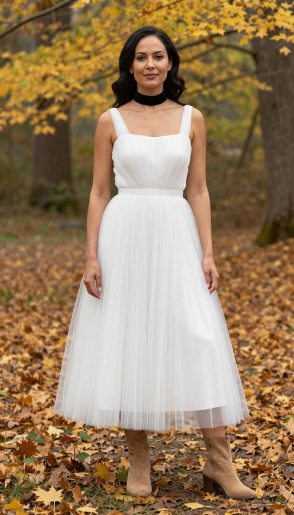 Woman in white boho tulle wedding dress with square neckline, black velvet choker, and tan suede ankle boots standing in autumn forest