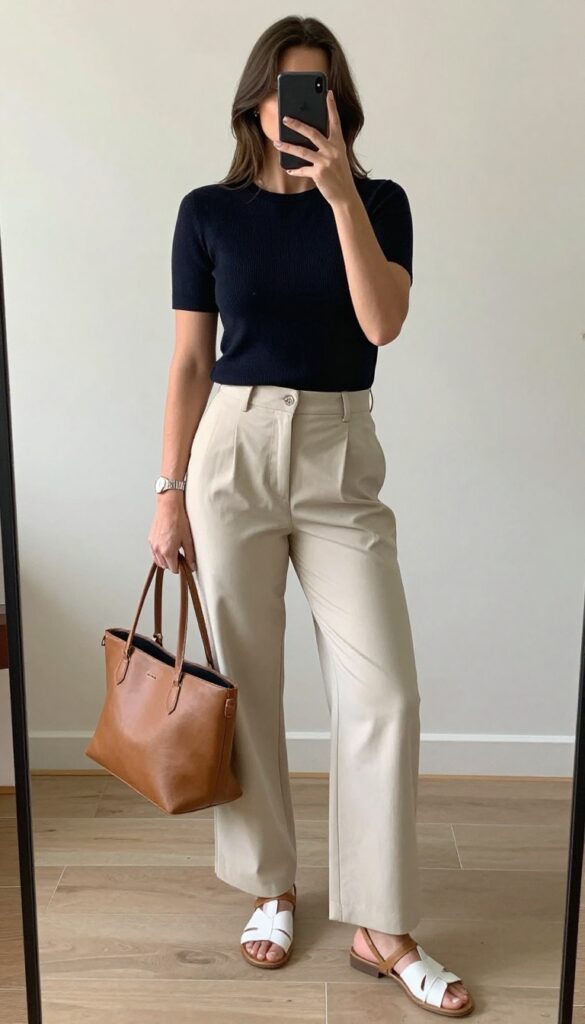 Mom outfit idea: high-waisted wide-leg pants with a fitted tee, tucked in, paired with sneakers and a structured tote bag, in a bright mirror selfie setting.