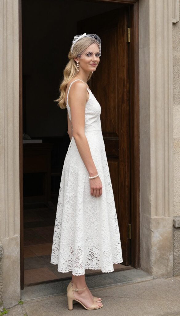 Woman in white lace dress with straps, pearl jewelry, and birdcage veil in church doorway