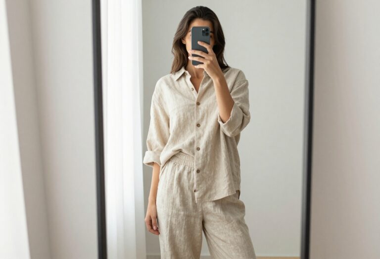 Woman taking a mirror selfie wearing a beige linen two-piece outfit with a relaxed fit, wide-leg pants, and a front-tucked top.