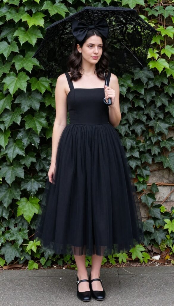 Woman in black tea-length dress with bow headpiece, holding lace parasol in garden