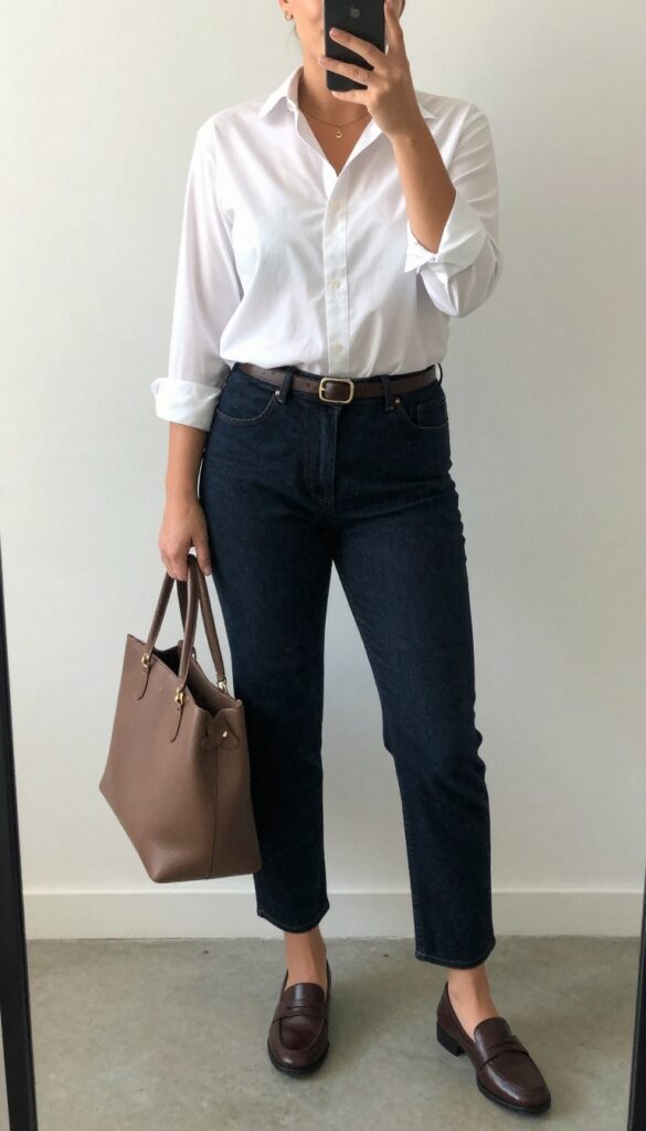 Woman in white button-down shirt, dark straight-leg jeans, and loafers, standing in a bright city apartment, mirror selfie composition with phone partially covering face.