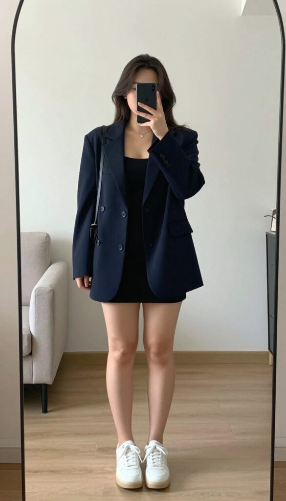 Blazer with slip dress and sneakers